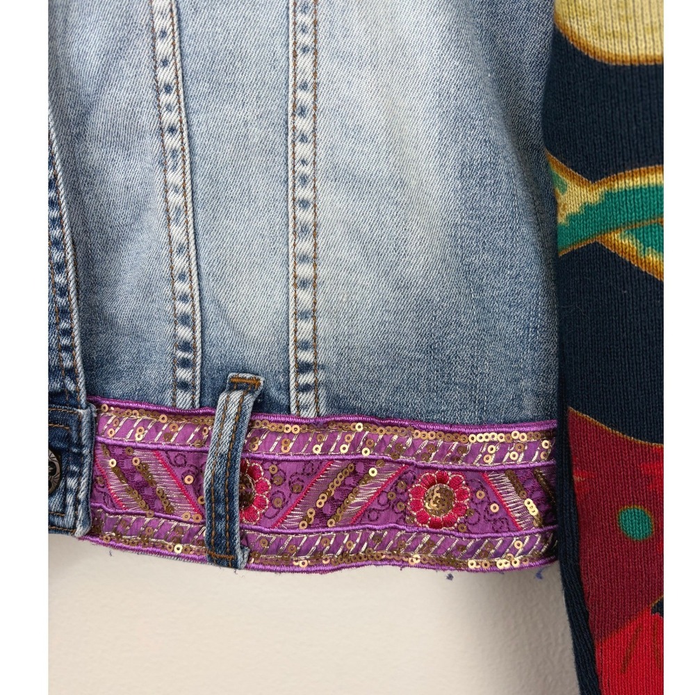 Desigual Denim Ethnic Deluxe Jacket Knit Floral Sleeves Sequin Embroidered EU 40 - Picture 5 of 9